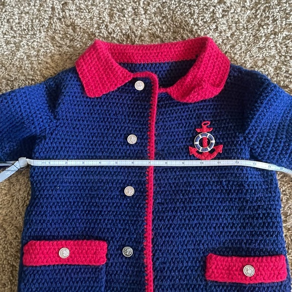 Unique Vintage Girls heavy navy & red hand knitted sweater/coat. Sz 3/4? - Picture 13 of 14